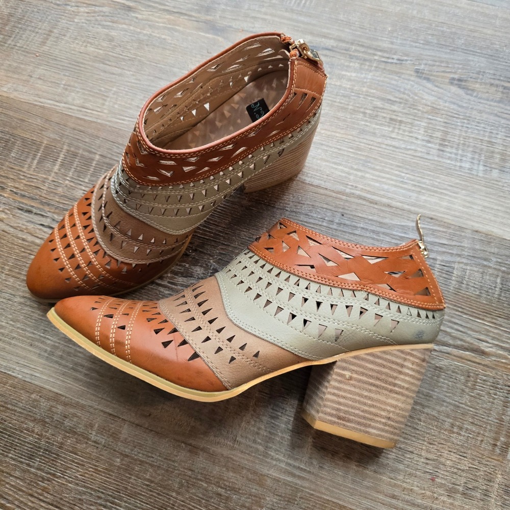 NYLA Women Brown Tan Laser Cut Ankle Booties Pointed Toe Block Heel Size 9‎